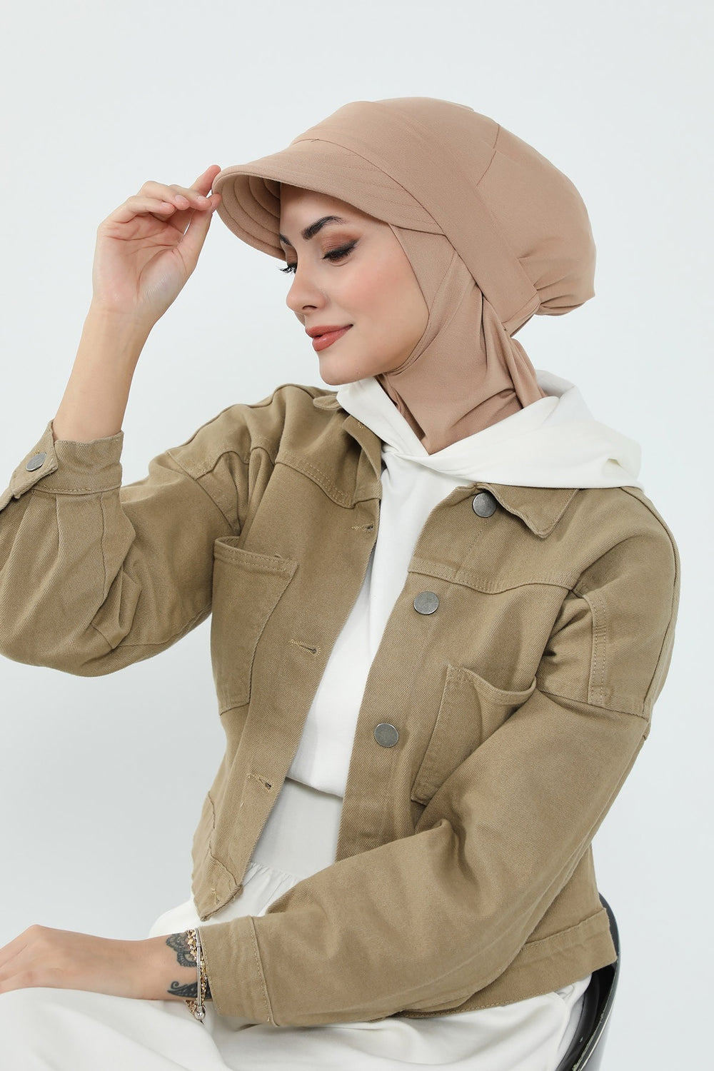 3 Piece Removable Hijab Bonnet Set with Visor and Hat, Modest Sun Protection Headwear for Women,ST-1P Sand Brown