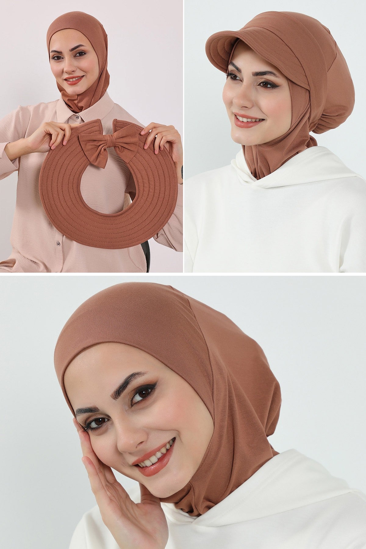 3 Piece Removable Hijab Bonnet Set with Visor and Hat, Modest Sun Protection Headwear for Women,ST-1P Caramel Brown