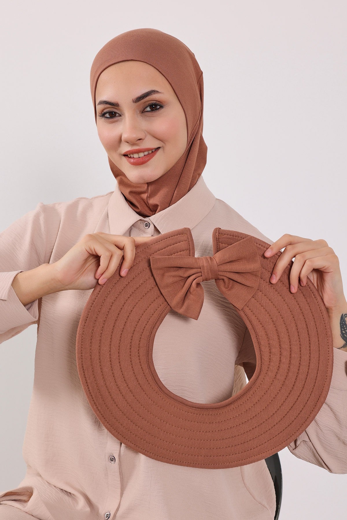 3 Piece Removable Hijab Bonnet Set with Visor and Hat, Modest Sun Protection Headwear for Women,ST-1P Caramel Brown