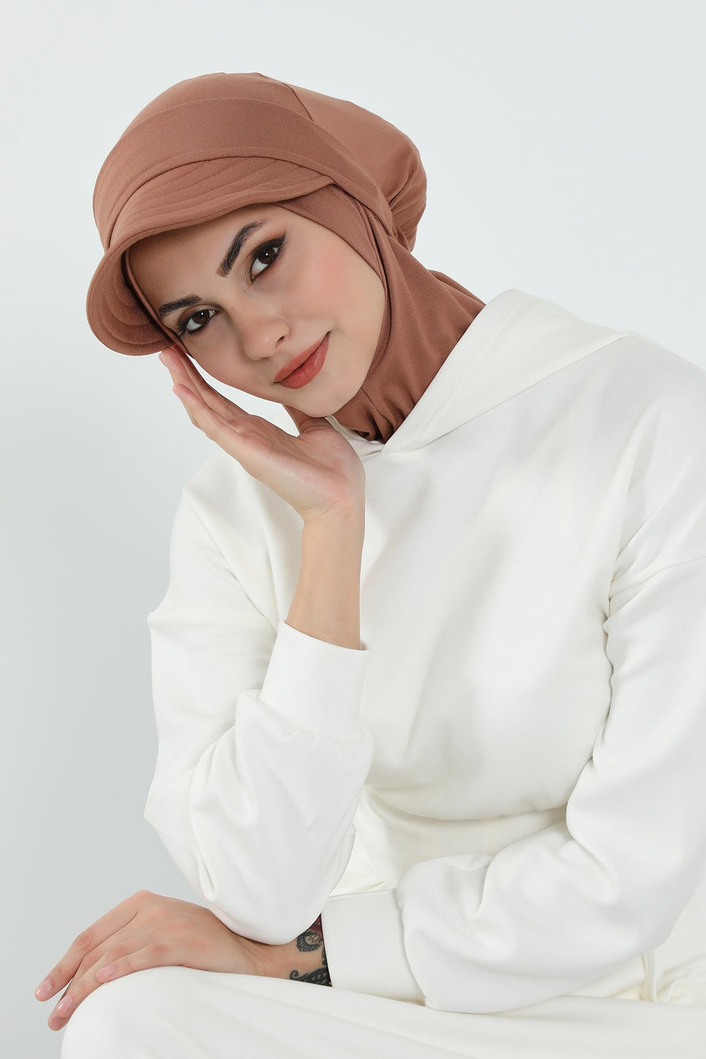 3 Piece Removable Hijab Bonnet Set with Visor and Hat, Modest Sun Protection Headwear for Women,ST-1P Caramel Brown