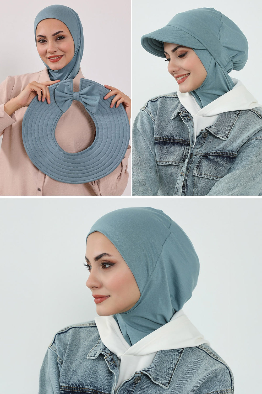 3 Piece Removable Hijab Bonnet Set with Visor and Hat, Modest Sun Protection Headwear for Women,ST-1P Dark Mint