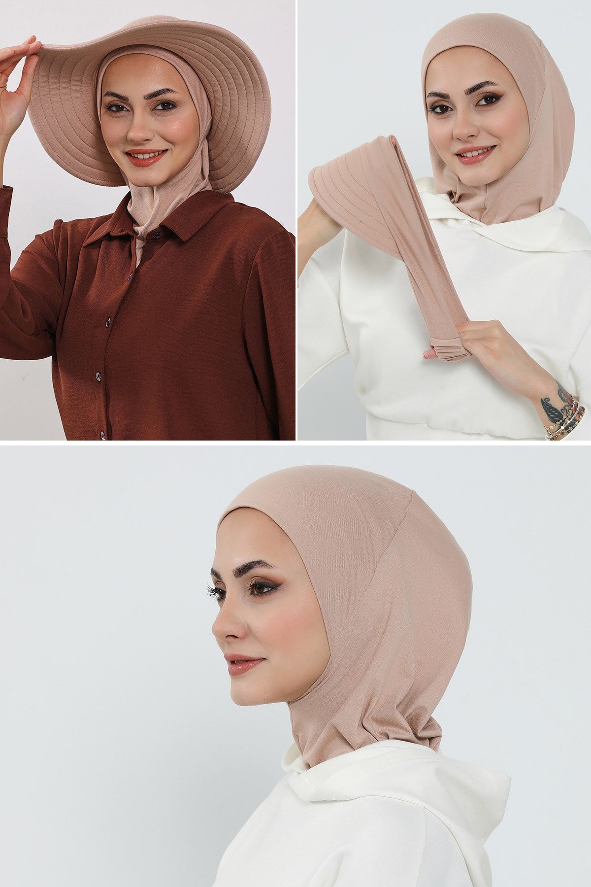 3 Piece Removable Hijab Bonnet Set with Visor and Hat, Modest Sun Protection Headwear for Women,ST-1P Light Mink