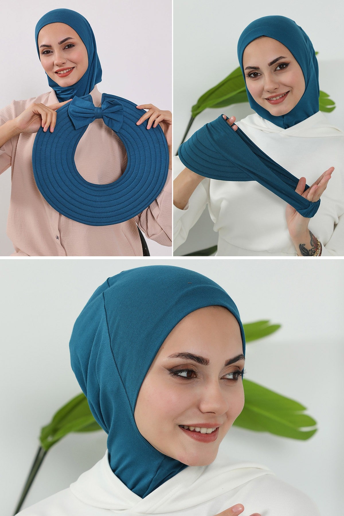 3 Piece Removable Hijab Bonnet Set with Visor and Hat, Modest Sun Protection Headwear for Women,ST-1P Petrol Blue