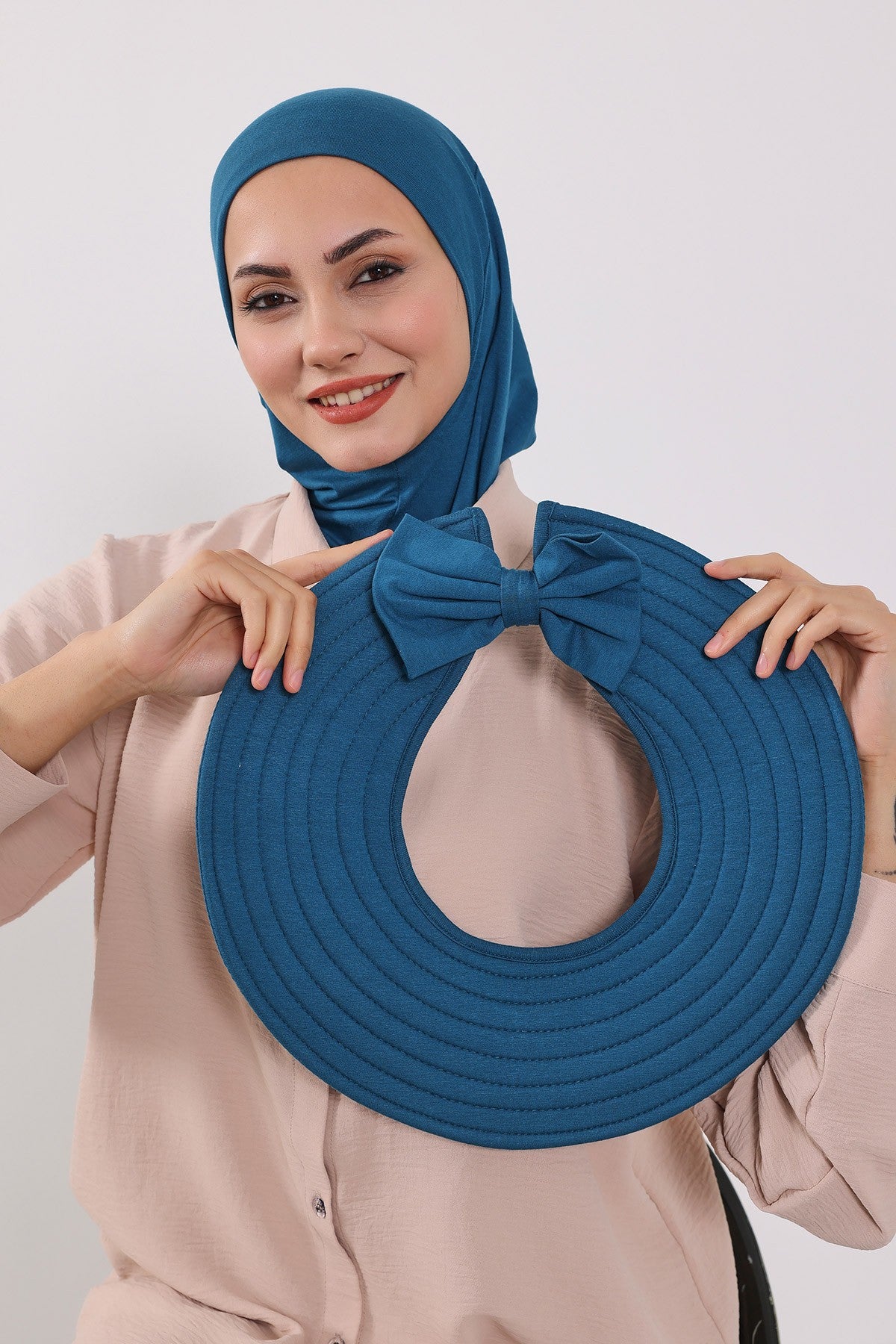 3 Piece Removable Hijab Bonnet Set with Visor and Hat, Modest Sun Protection Headwear for Women,ST-1P Petrol Blue