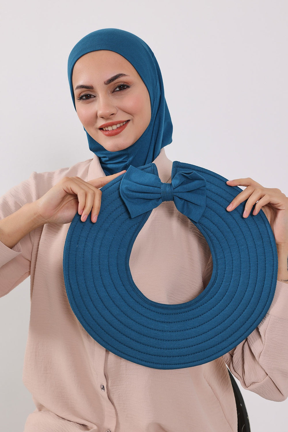 3 Piece Removable Hijab Bonnet Set with Visor and Hat, Modest Sun Protection Headwear for Women,ST-1P Petrol Blue