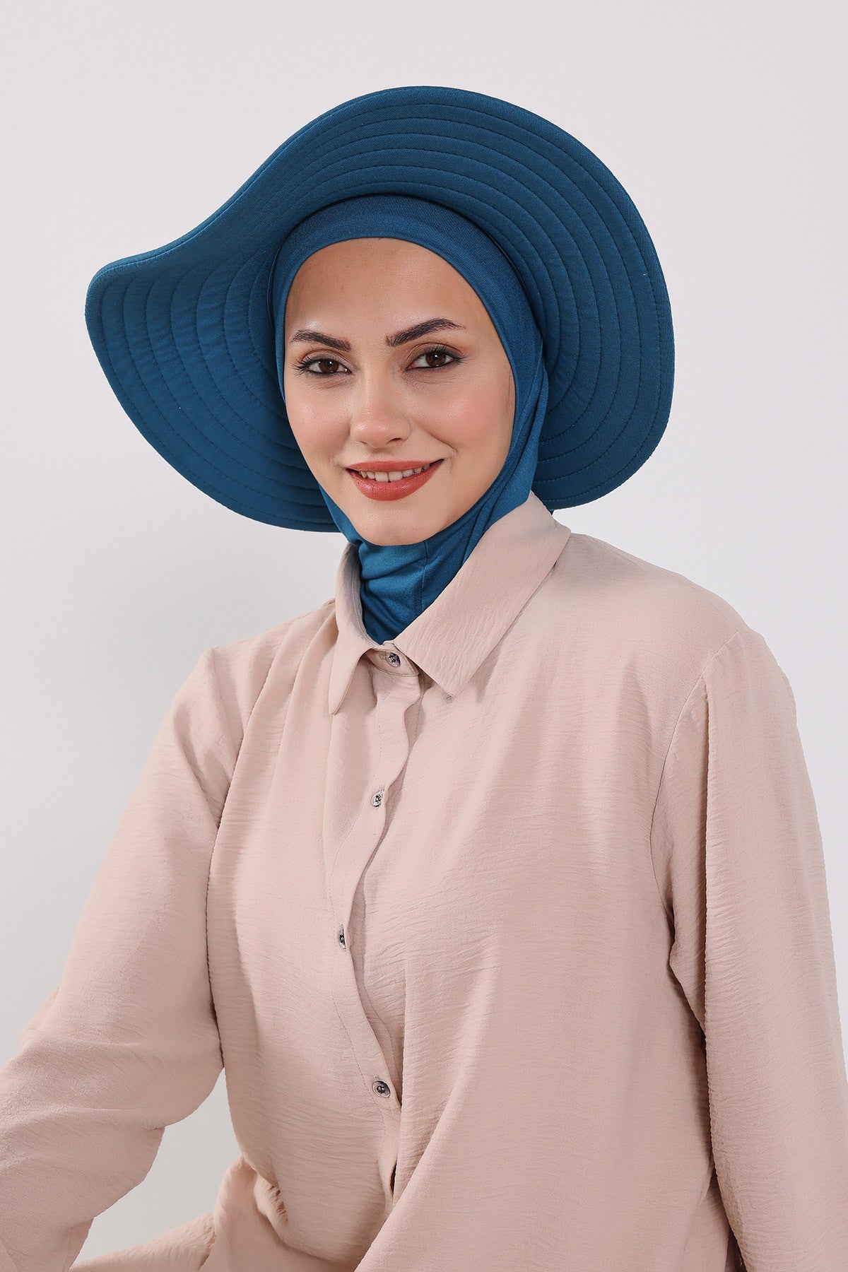 3 Piece Removable Hijab Bonnet Set with Visor and Hat, Modest Sun Protection Headwear for Women,ST-1P Petrol Blue