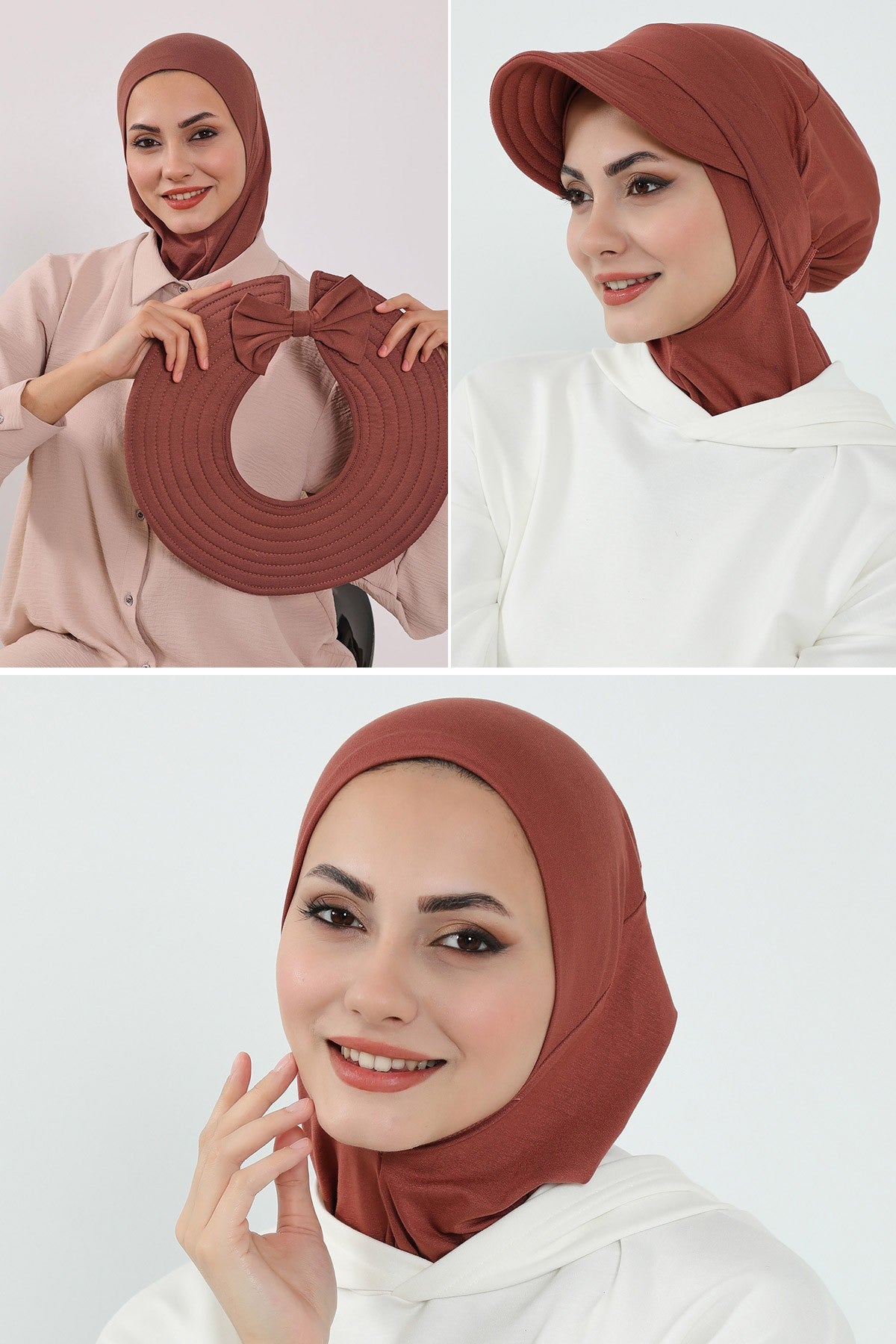 3 Piece Removable Hijab Bonnet Set with Visor and Hat, Modest Sun Protection Headwear for Women,ST-1P Cinnamon