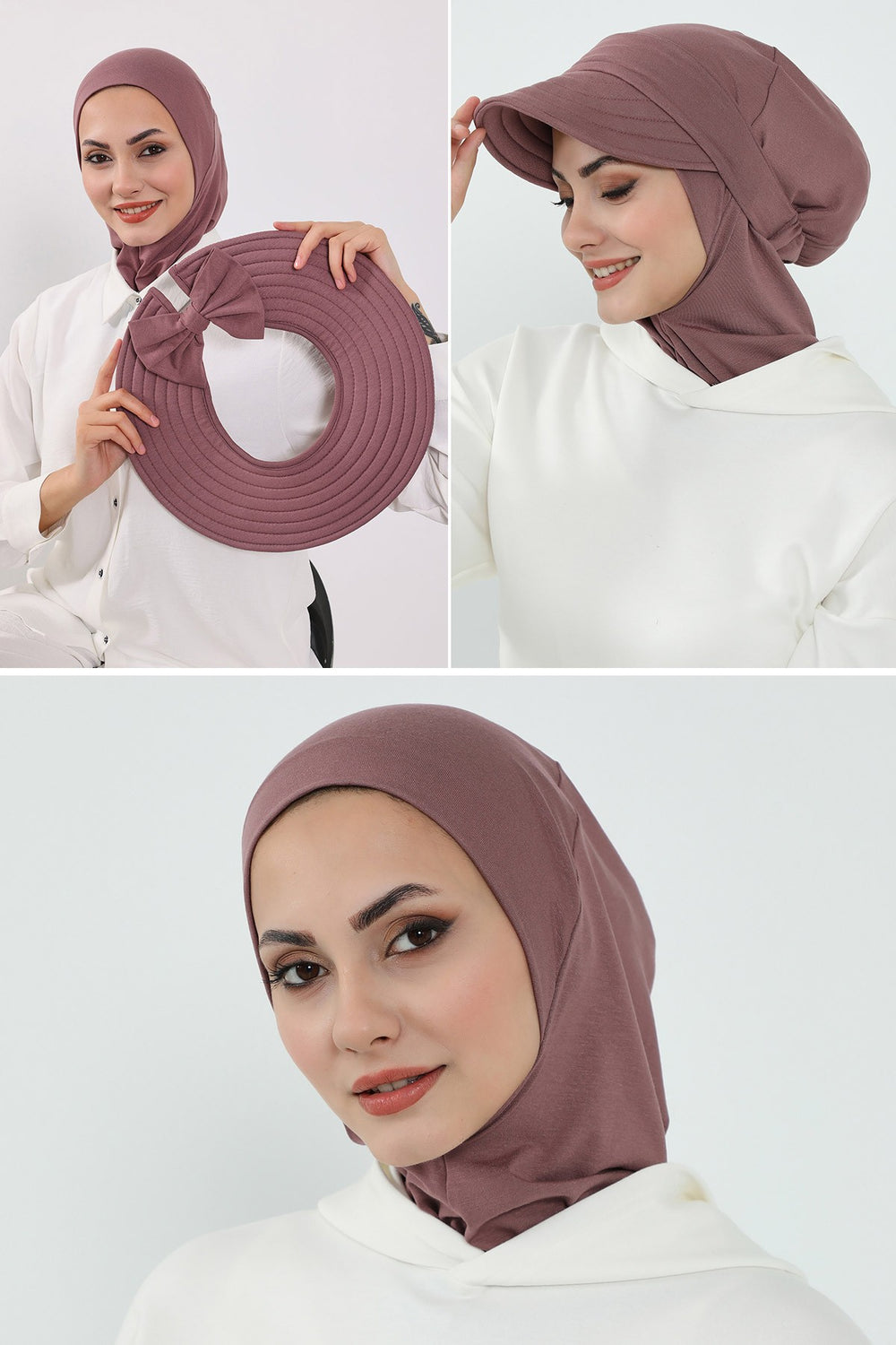 3 Piece Removable Hijab Bonnet Set with Visor and Hat, Modest Sun Protection Headwear for Women,ST-1P Dusty Rose