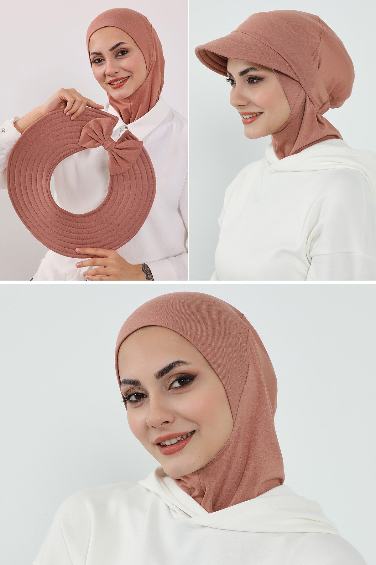 3 Piece Removable Hijab Bonnet Set with Visor and Hat, Modest Sun Protection Headwear for Women,ST-1P Cappucino