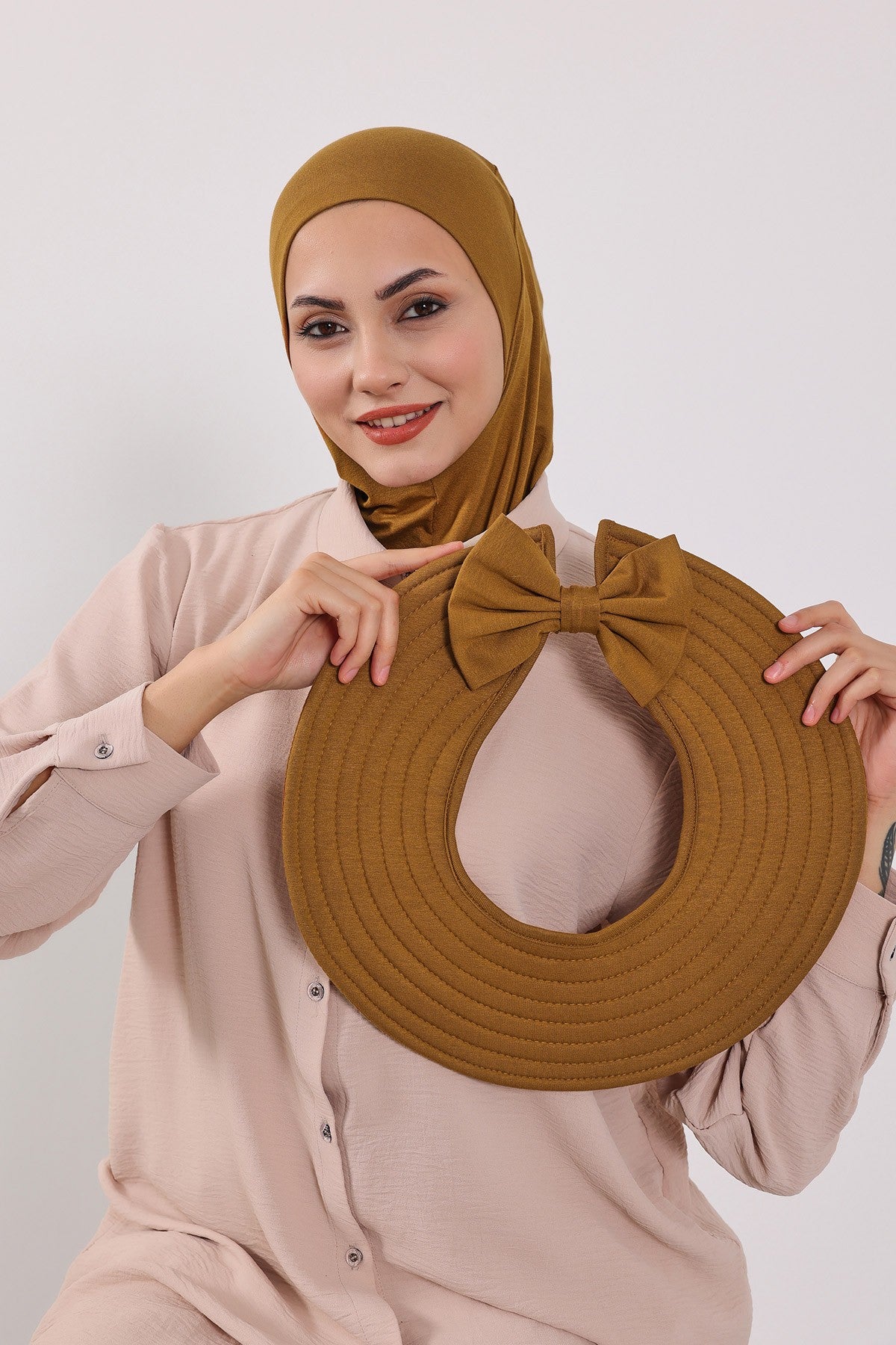 3 Piece Removable Hijab Bonnet Set with Visor and Hat, Modest Sun Protection Headwear for Women,ST-1P Dark Mustard