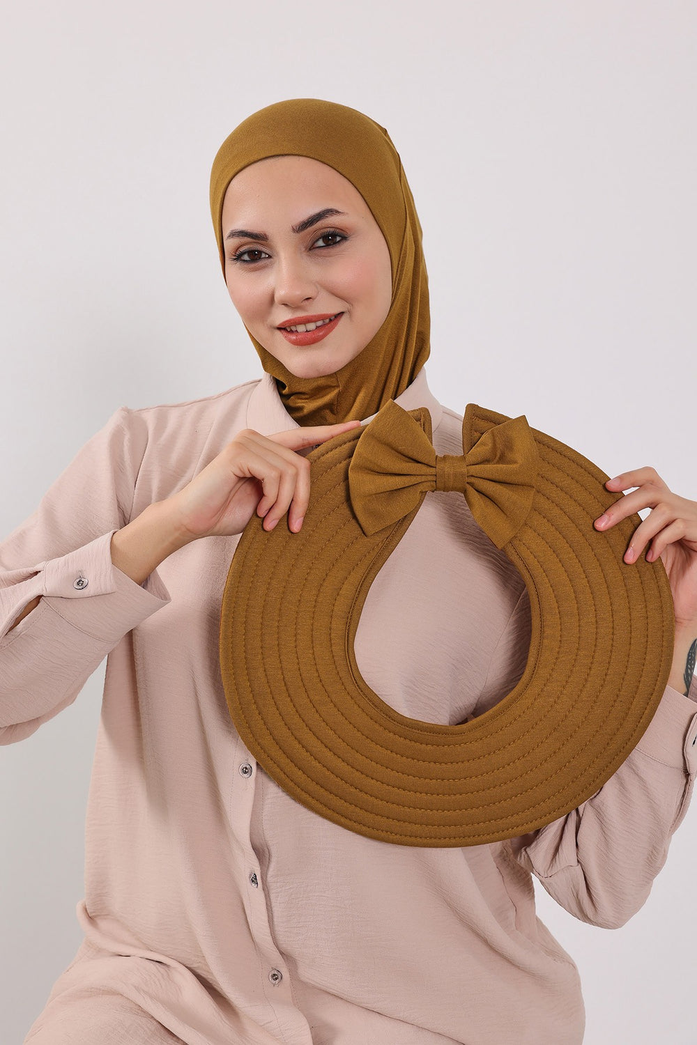 3 Piece Removable Hijab Bonnet Set with Visor and Hat, Modest Sun Protection Headwear for Women,ST-1P Dark Mustard