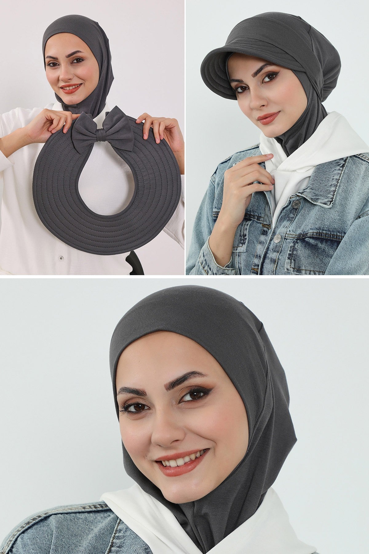 3 Piece Removable Hijab Bonnet Set with Visor and Hat, Modest Sun Protection Headwear for Women,ST-1P Anthracite