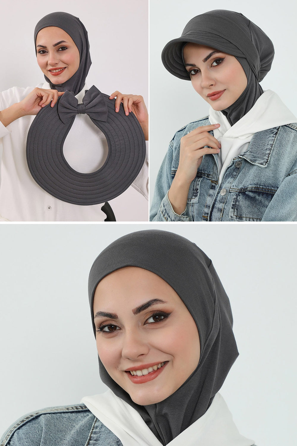 3 Piece Removable Hijab Bonnet Set with Visor and Hat, Modest Sun Protection Headwear for Women,ST-1P Anthracite