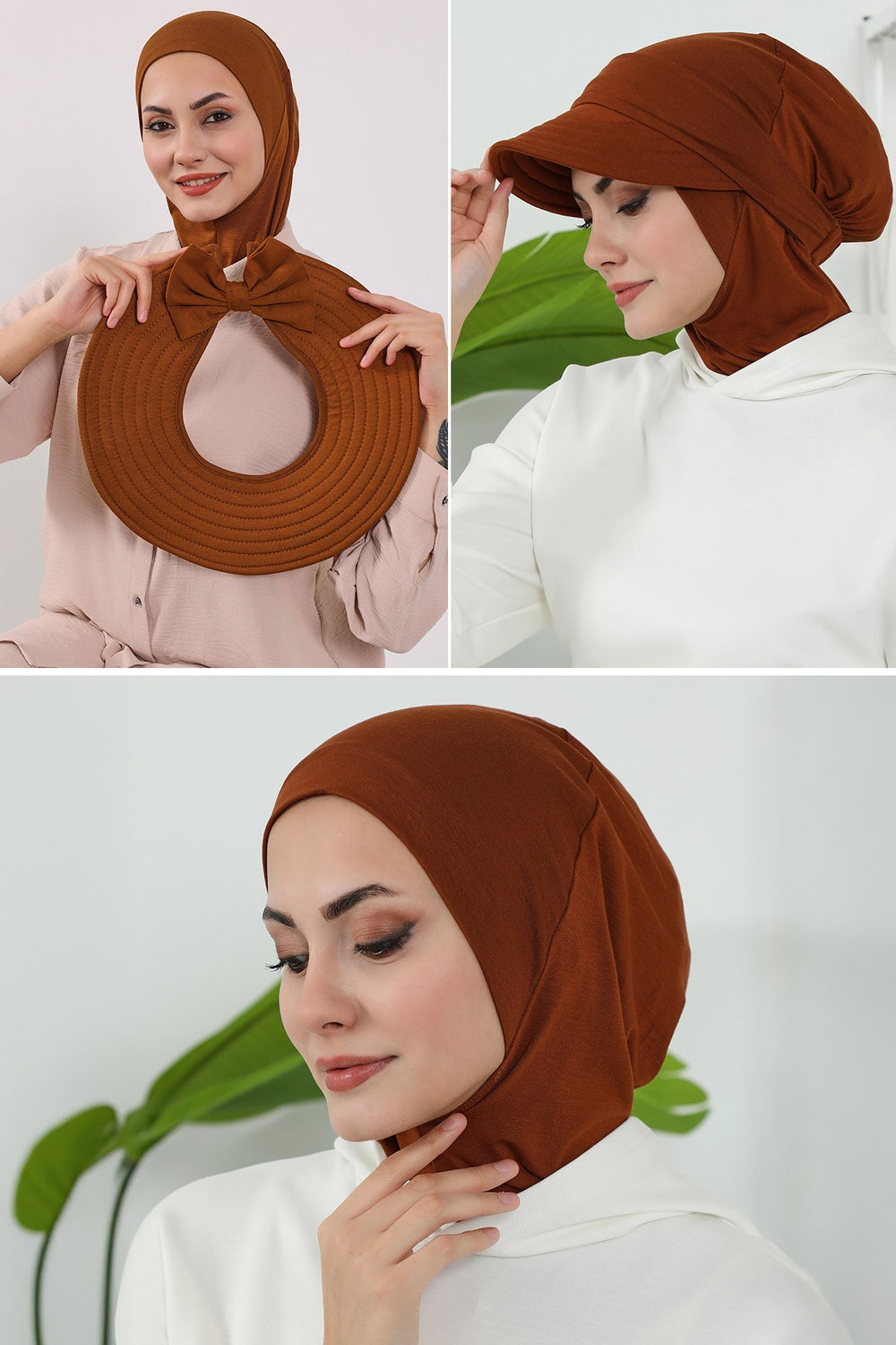 3 Piece Removable Hijab Bonnet Set with Visor and Hat, Modest Sun Protection Headwear for Women,ST-1P Tile Red