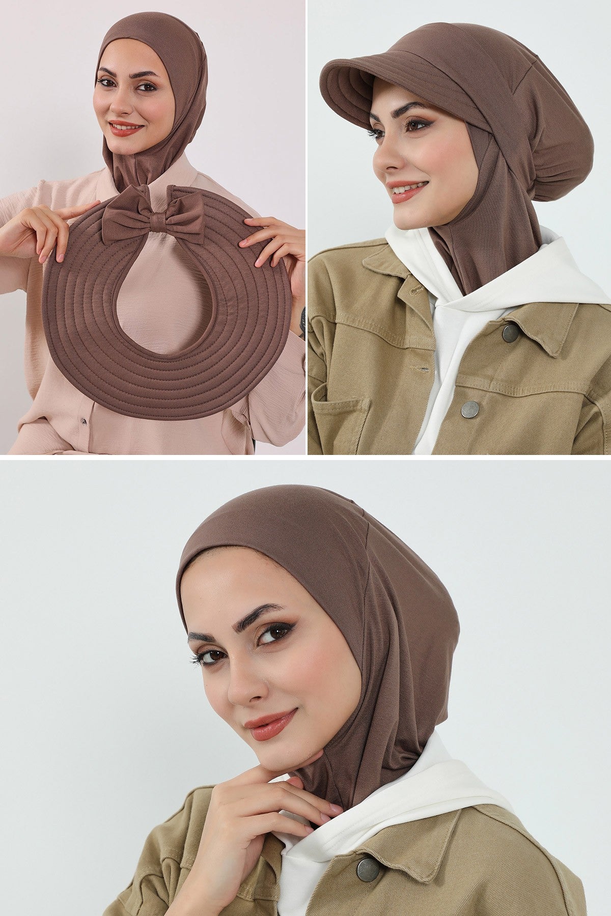 3 Piece Removable Hijab Bonnet Set with Visor and Hat, Modest Sun Protection Headwear for Women,ST-1P Chocolate