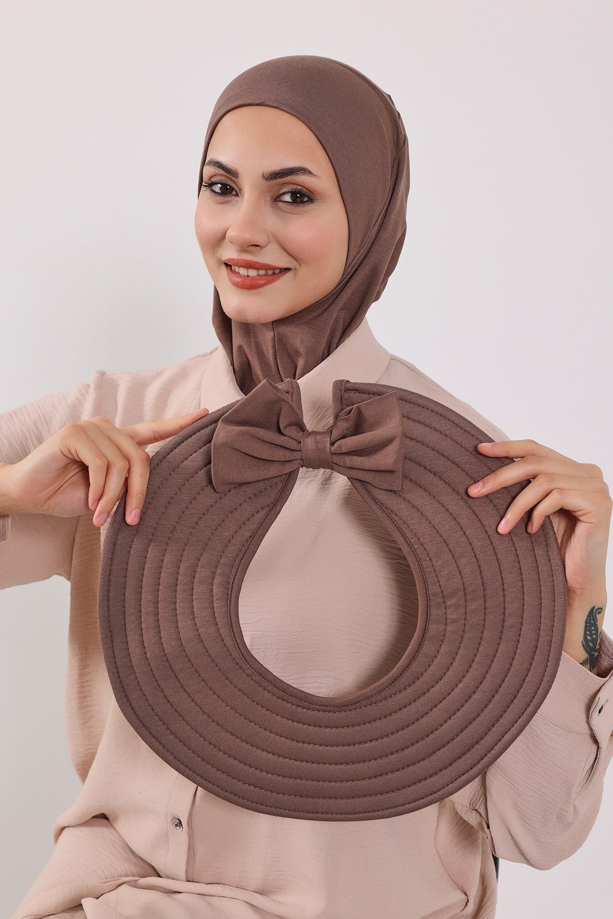 3 Piece Removable Hijab Bonnet Set with Visor and Hat, Modest Sun Protection Headwear for Women,ST-1P Chocolate