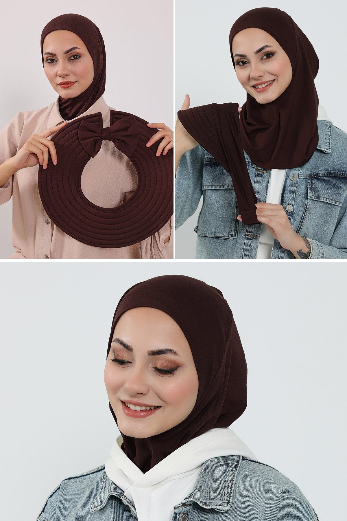 3 Piece Removable Hijab Bonnet Set with Visor and Hat, Modest Sun Protection Headwear for Women,ST-1P Brown