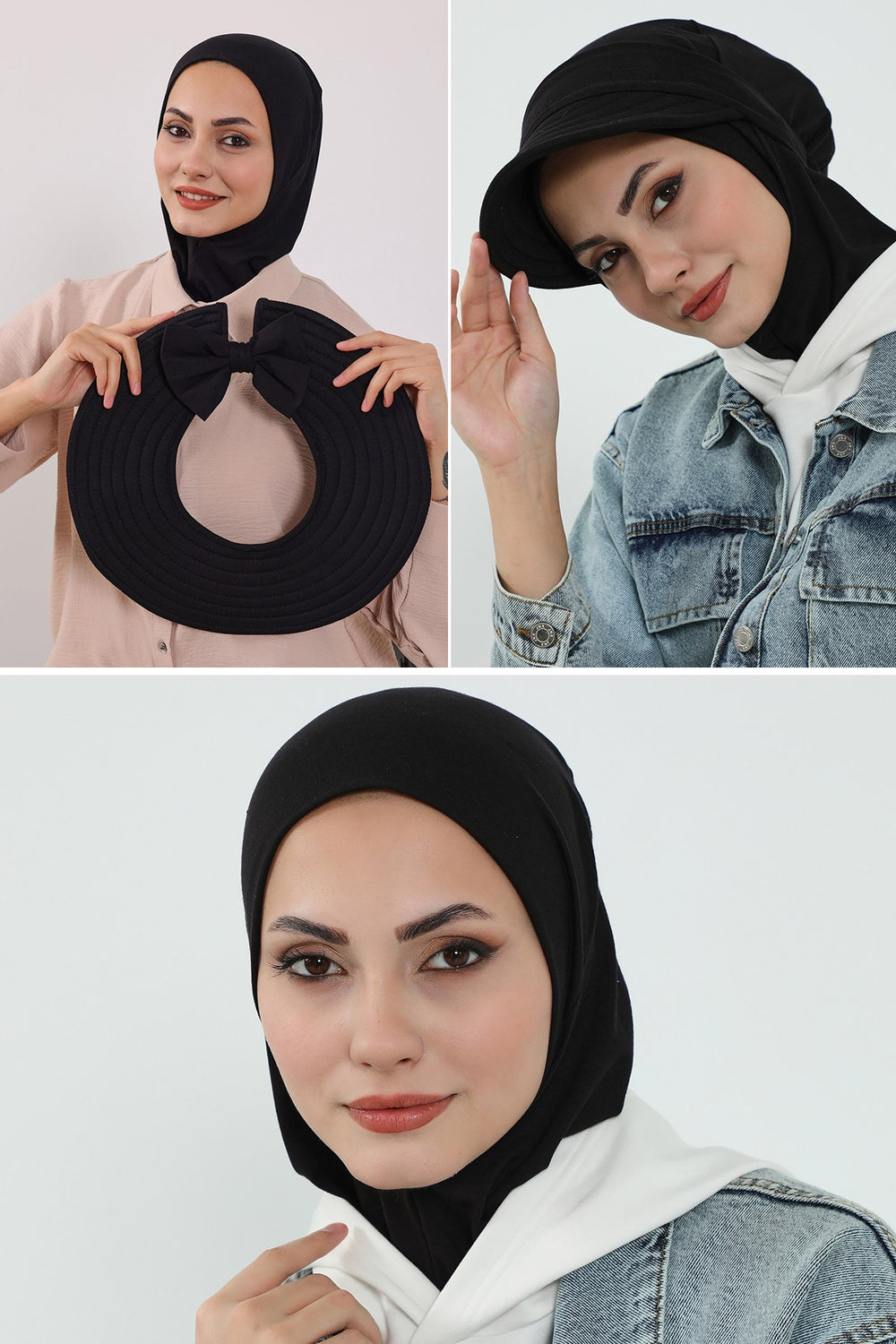 3 Piece Removable Hijab Bonnet Set with Visor and Hat, Modest Sun Protection Headwear for Women,ST-1P Black