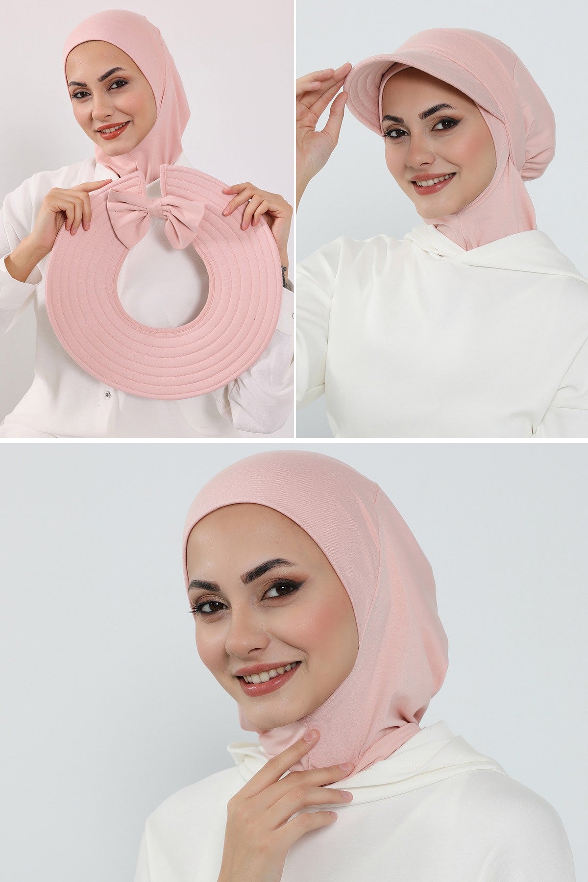 3 Piece Removable Hijab Bonnet Set with Visor and Hat, Modest Sun Protection Headwear for Women,ST-1P Powder