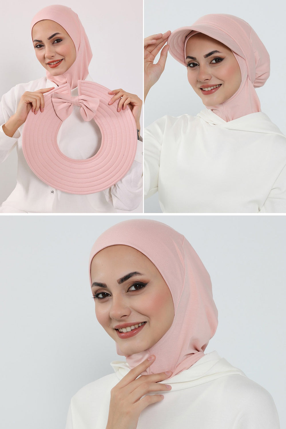 3 Piece Removable Hijab Bonnet Set with Visor and Hat, Modest Sun Protection Headwear for Women,ST-1P Powder