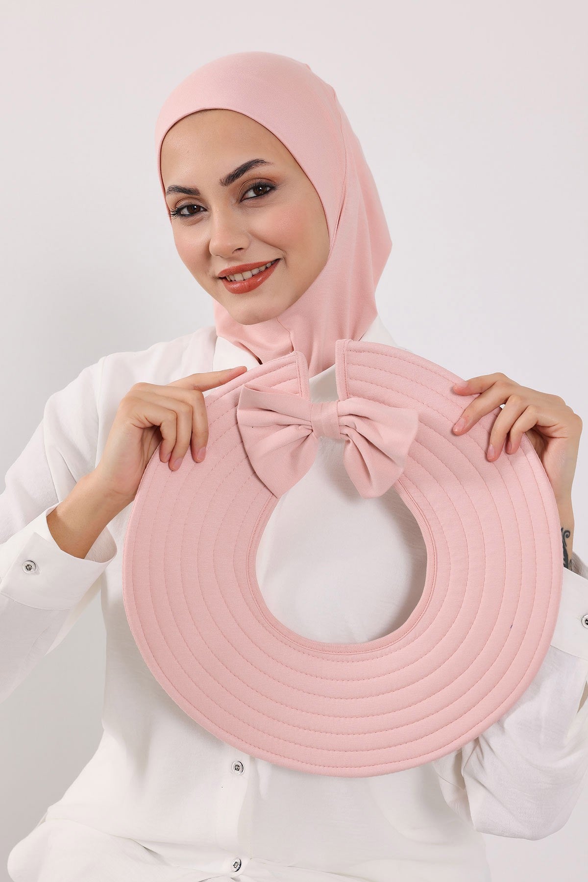 3 Piece Removable Hijab Bonnet Set with Visor and Hat, Modest Sun Protection Headwear for Women,ST-1P Powder