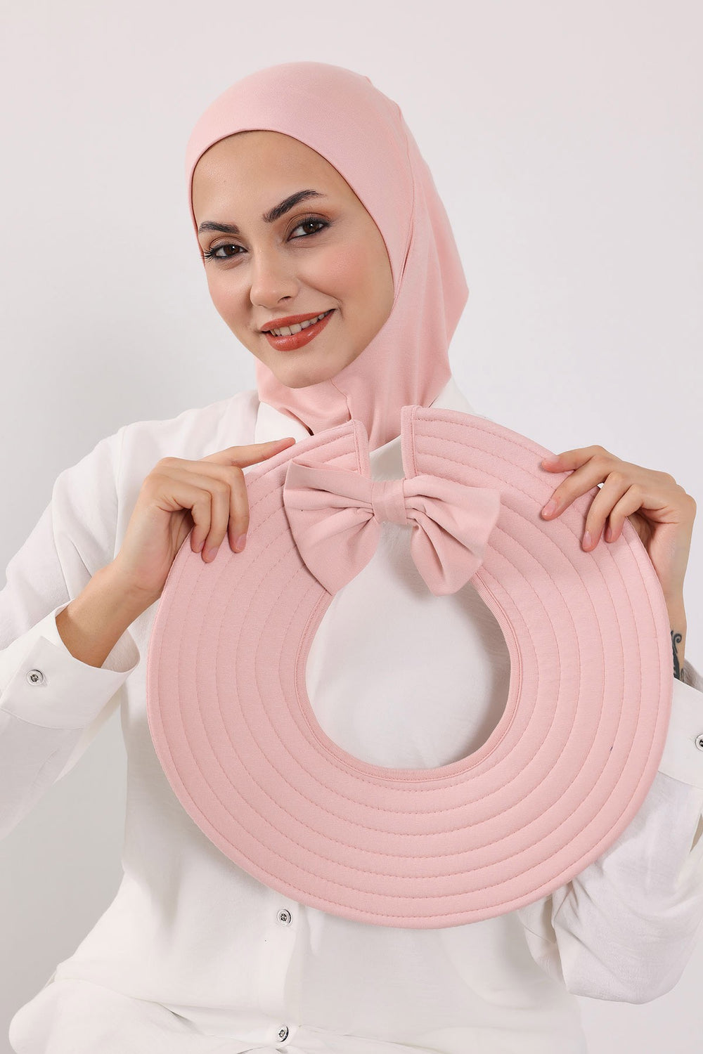 3 Piece Removable Hijab Bonnet Set with Visor and Hat, Modest Sun Protection Headwear for Women,ST-1P Powder