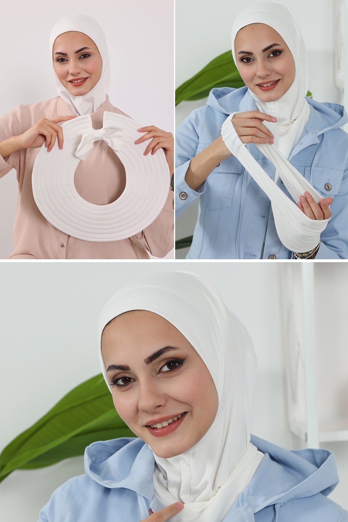 3 Piece Removable Hijab Bonnet Set with Visor and Hat, Modest Sun Protection Headwear for Women,ST-1P Ivory