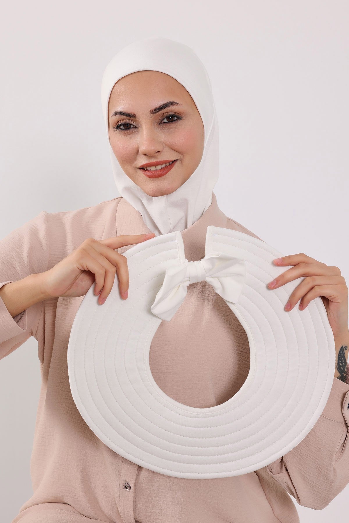 3 Piece Removable Hijab Bonnet Set with Visor and Hat, Modest Sun Protection Headwear for Women,ST-1P Ivory