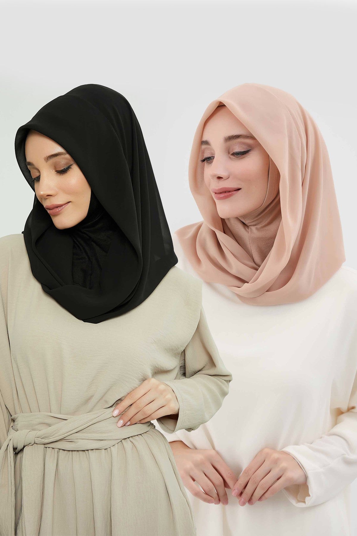 Bundle of 2 Instant Shawls with Soft Bonnet Cap, Chiffon Turban Hijab Set, Ready to Wear Scarf for Women,PS-45SET Black - Sand Brown