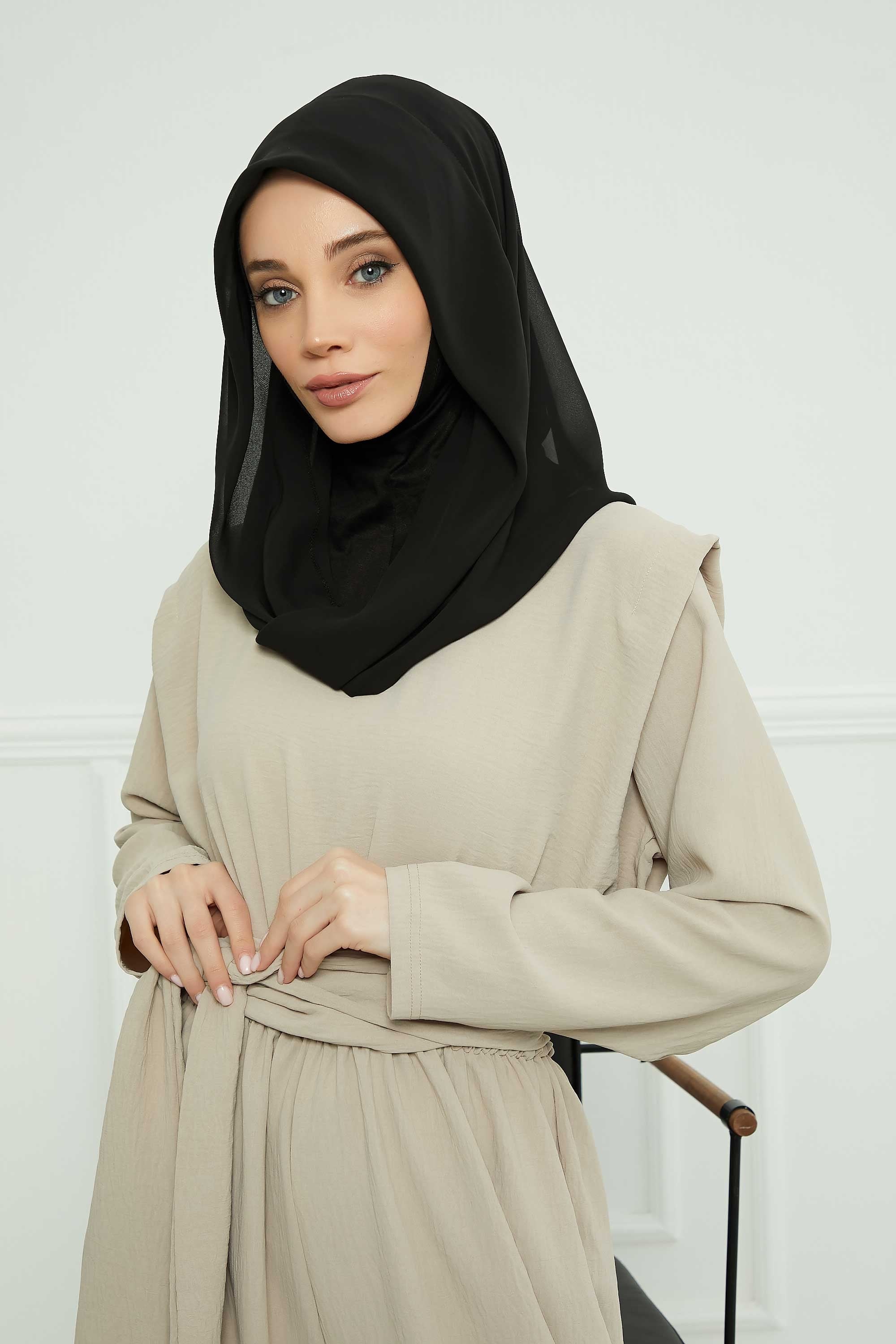 Bundle of 2 Instant Shawls with Soft Bonnet Cap, Chiffon Turban Hijab Set, Ready to Wear Scarf for Women,PS-45SET Black - Sand Brown