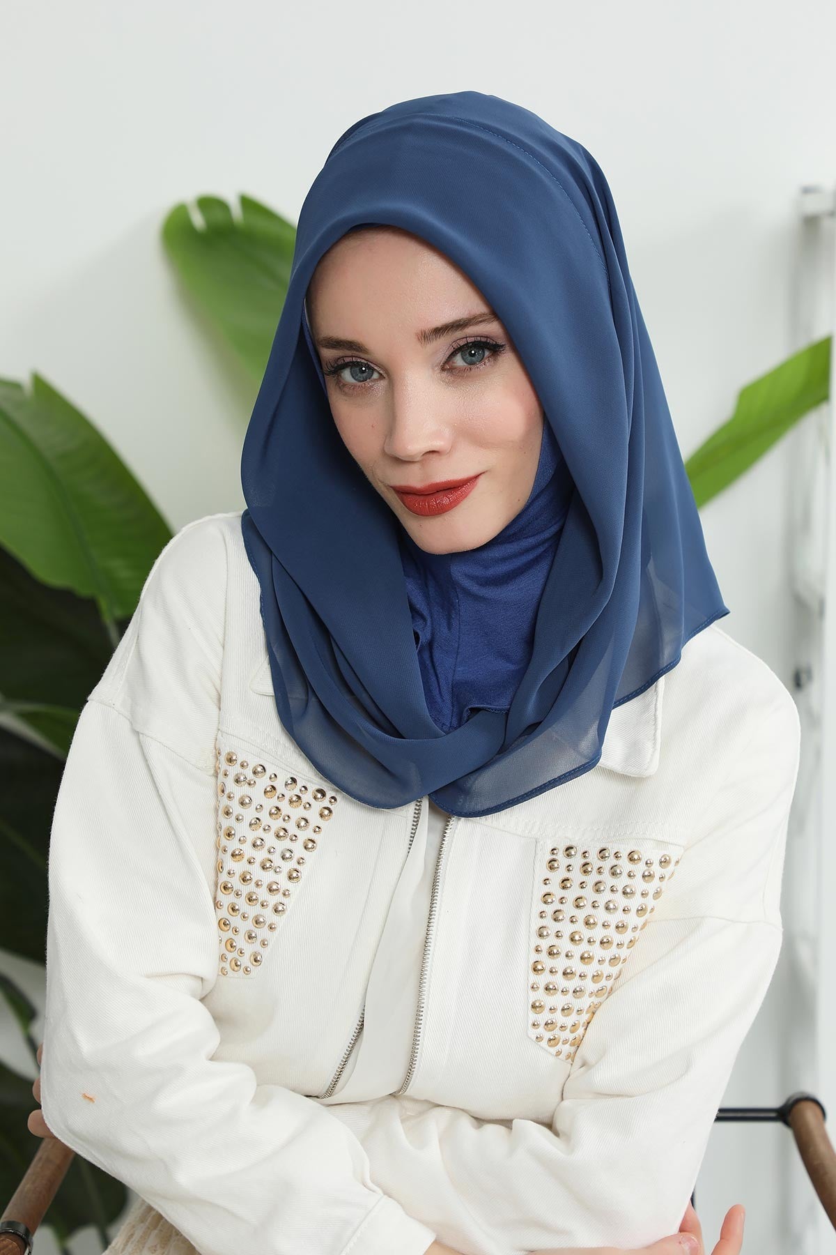 Bundle of 2 Instant Shawls with Soft Bonnet Cap, Chiffon Turban Hijab Set, Ready to Wear Scarf for Women,PS-45SET Ivory - Dark Blue