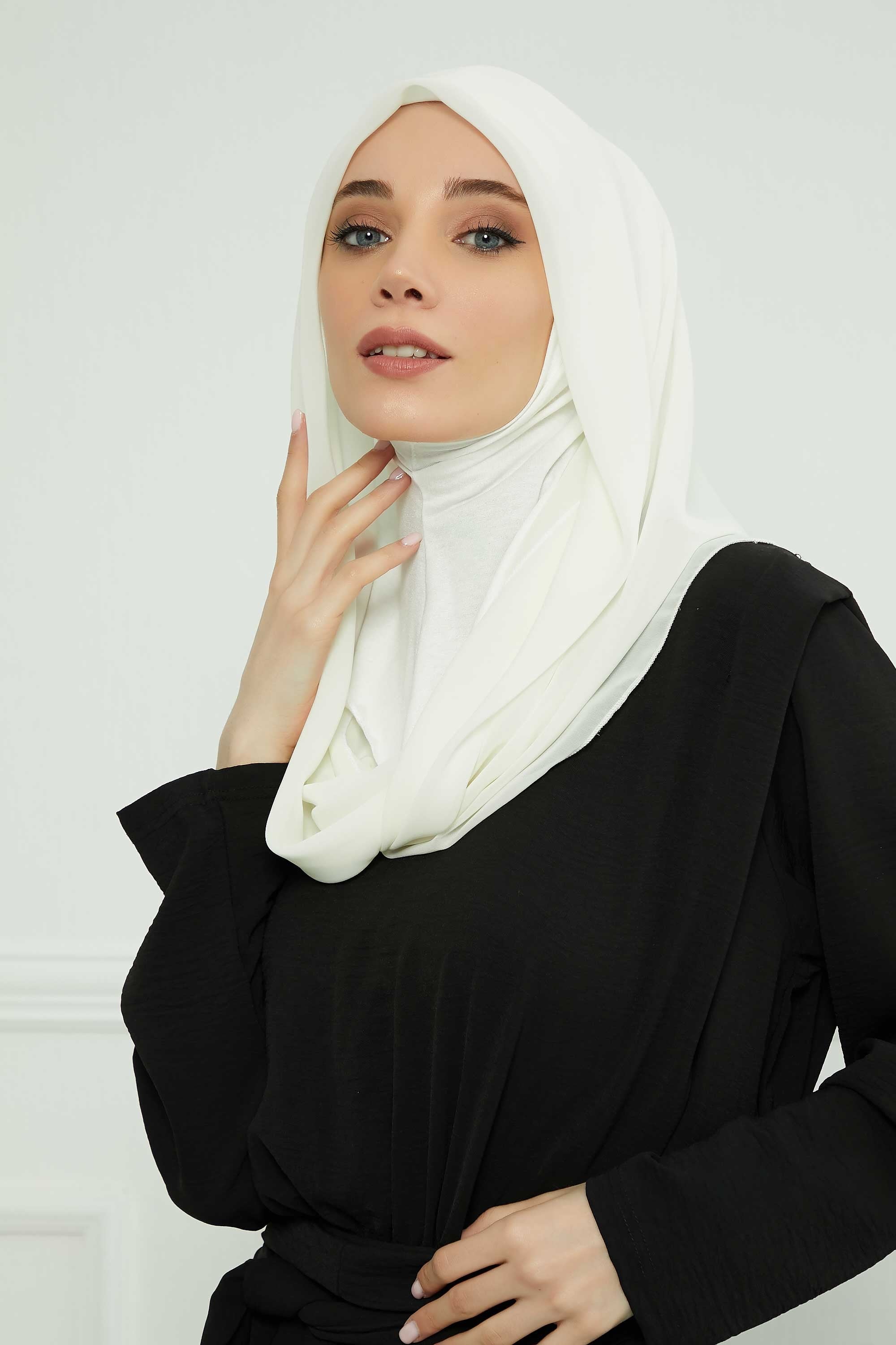 Bundle of 2 Instant Shawls with Soft Bonnet Cap, Chiffon Turban Hijab Set, Ready to Wear Scarf for Women,PS-45SET Ivory - Dark Blue