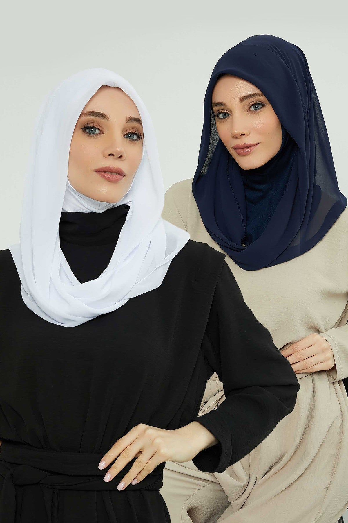 Bundle of 2 Instant Shawls with Soft Bonnet Cap, Chiffon Turban Hijab Set, Ready to Wear Scarf for Women,PS-45SET White - Navy Blue