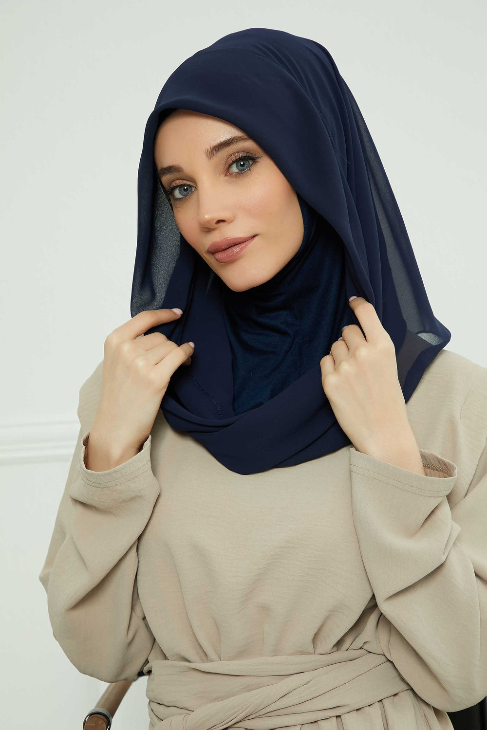 Bundle of 2 Instant Shawls with Soft Bonnet Cap, Chiffon Turban Hijab Set, Ready to Wear Scarf for Women,PS-45SET White - Navy Blue
