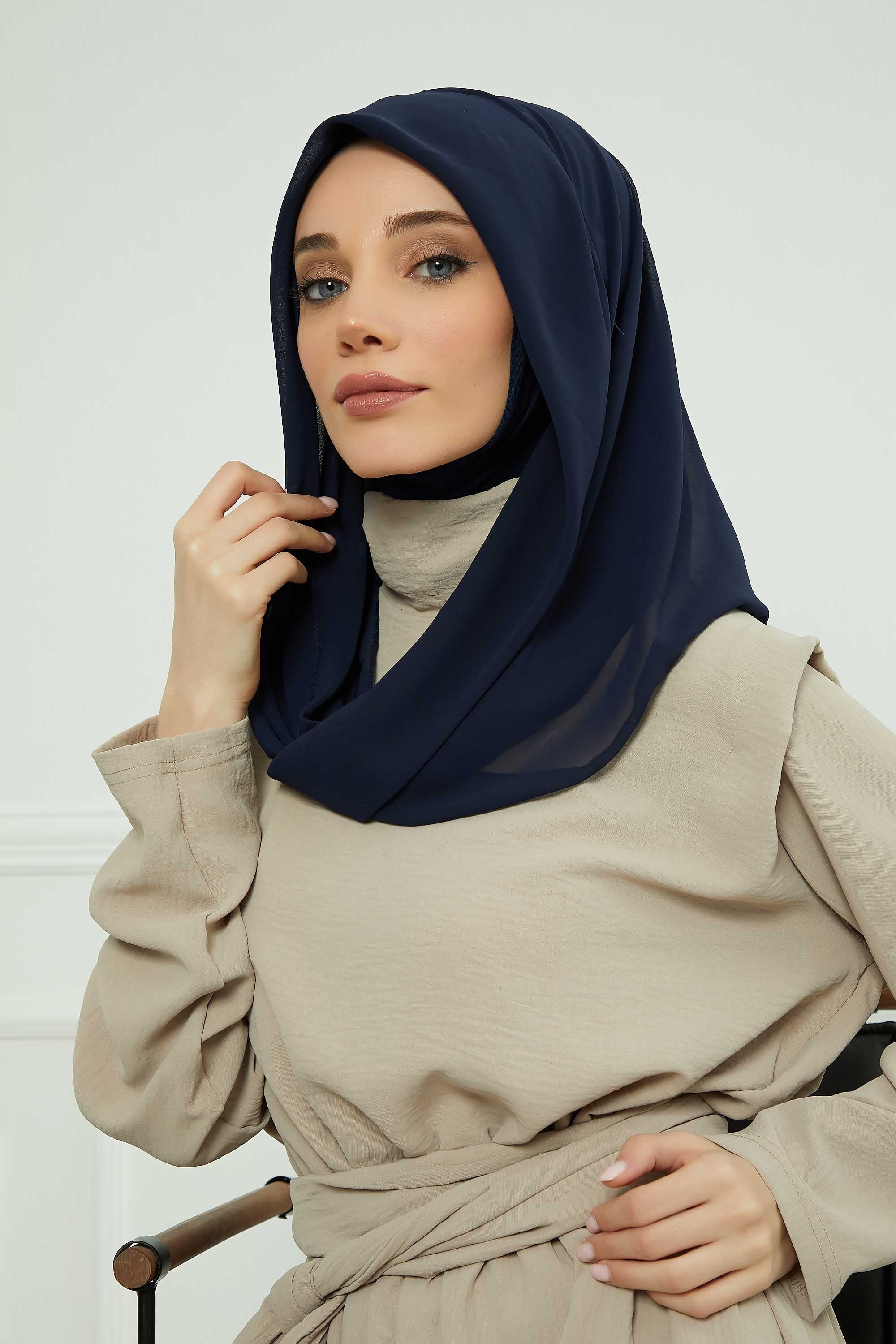 Bundle of 2 Instant Shawls with Soft Bonnet Cap, Chiffon Turban Hijab Set, Ready to Wear Scarf for Women,PS-45SET White - Navy Blue