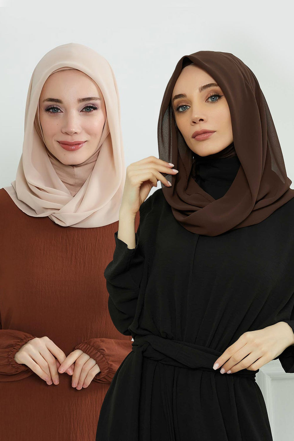 Bundle of 2 Instant Shawls with Soft Bonnet Cap, Chiffon Turban Hijab Set, Ready to Wear Scarf for Women,PS-45SET Light Mink - Beige