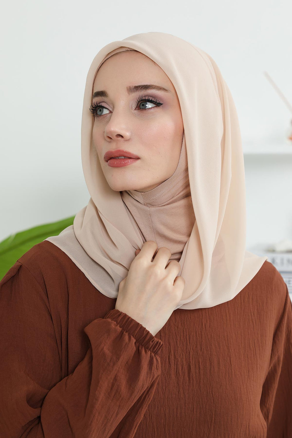 Bundle of 2 Instant Shawls with Soft Bonnet Cap, Chiffon Turban Hijab Set, Ready to Wear Scarf for Women,PS-45SET Light Mink - Beige