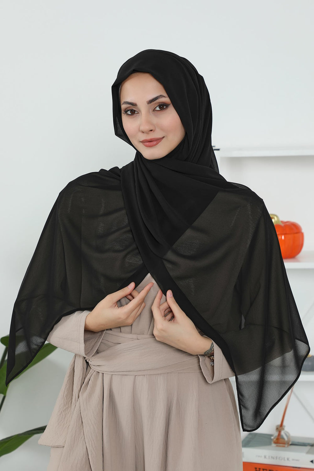 2 Pack Instant Chiffon Hijab with Cotton Bonnet, Ready-to-Wear Turban Scarf Set,PS-46SET Black - Ivory
