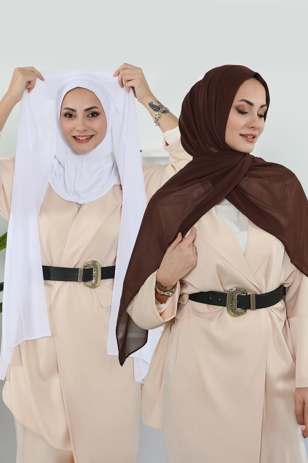 2 Pack Instant Chiffon Hijab with Cotton Bonnet, Ready-to-Wear Turban Scarf Set,PS-46SET White - Brown