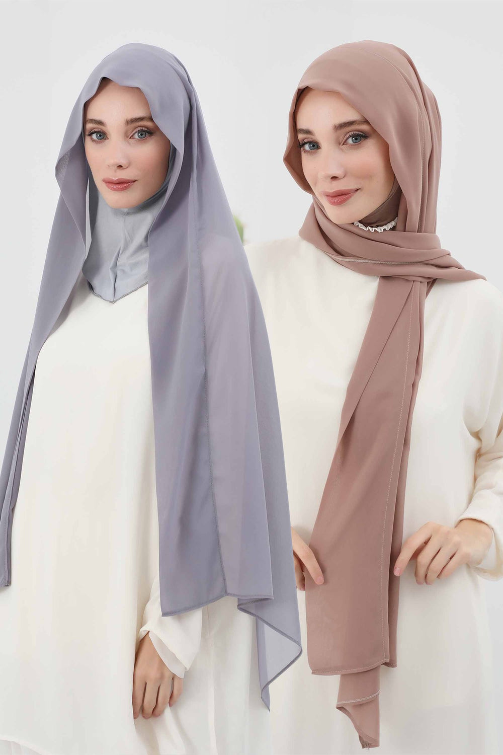 2 Pack Instant Chiffon Hijab with Cotton Bonnet, Ready-to-Wear Turban Scarf Set,PS-46SET Grey - Dark Mink