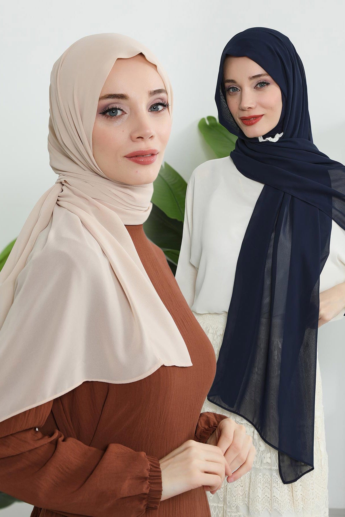 2 Pack Instant Chiffon Hijab with Cotton Bonnet, Ready-to-Wear Turban Scarf Set,PS-46SET Light Mink - Navy BLue