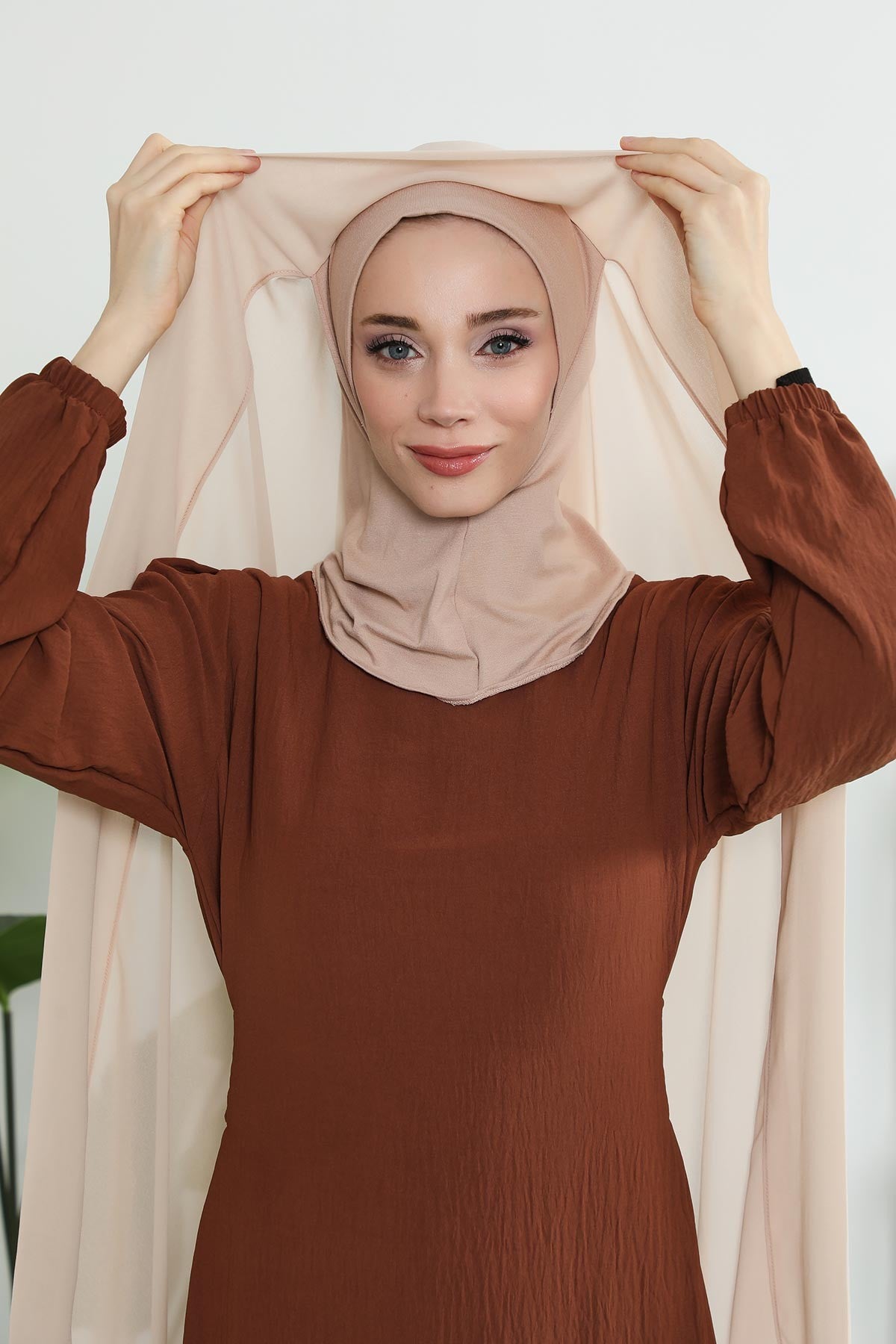 2 Pack Instant Chiffon Hijab with Cotton Bonnet, Ready-to-Wear Turban Scarf Set,PS-46SET Light Mink - Navy BLue