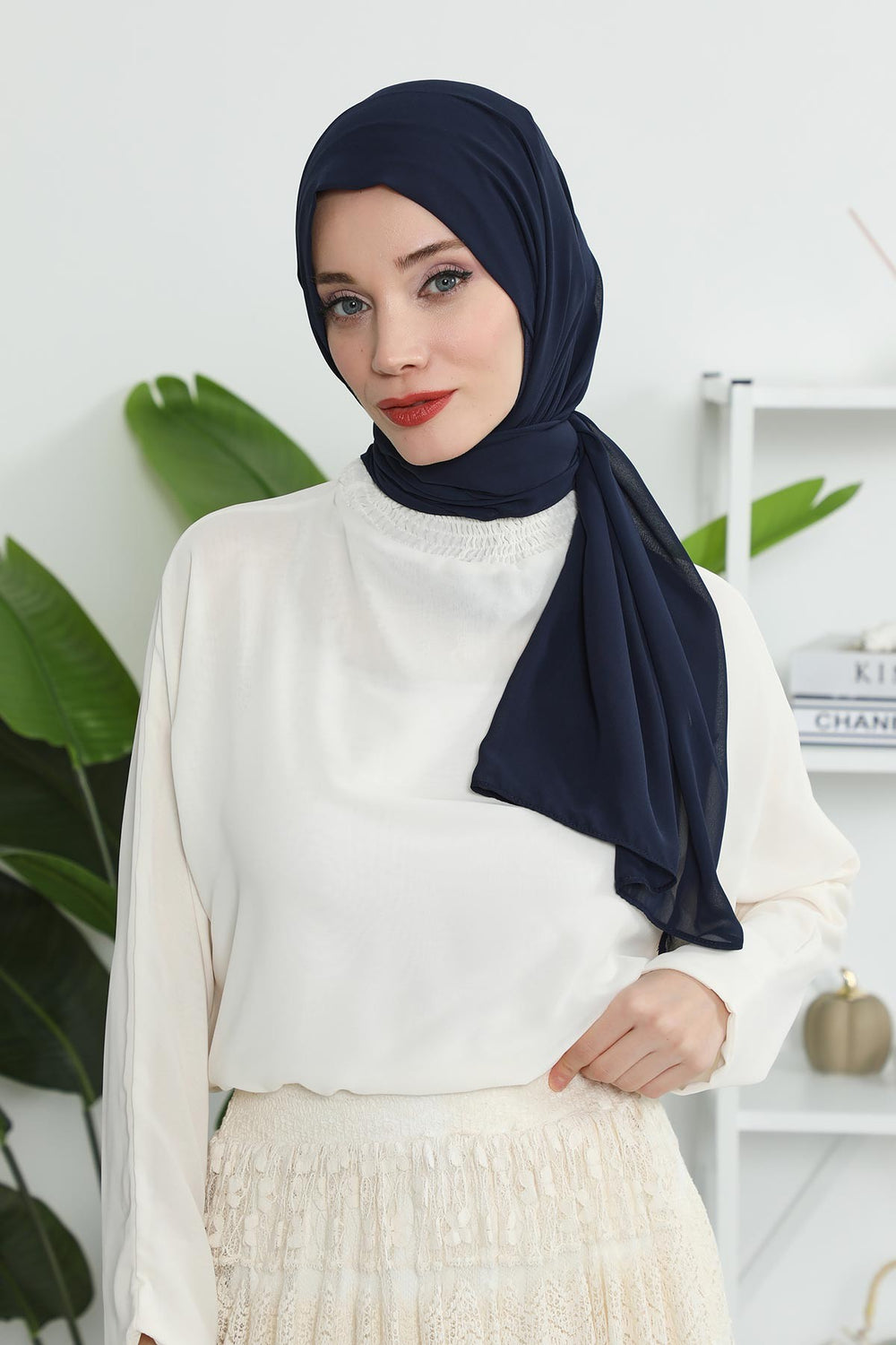 2 Pack Instant Chiffon Hijab with Cotton Bonnet, Ready-to-Wear Turban Scarf Set,PS-46SET Light Mink - Navy BLue
