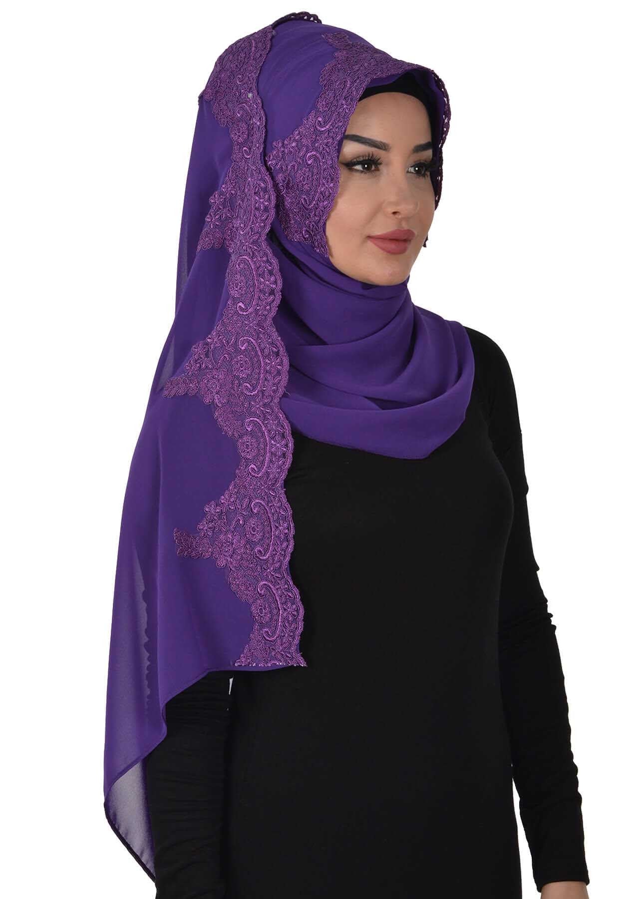 Elegant Chiffon Hijab with Front Lace Embroidery,PS-25 Purple