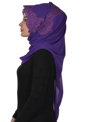 Elegant Chiffon Hijab with Front Lace Embroidery,PS-25 Purple