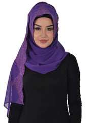 Elegant Chiffon Hijab with Front Lace Embroidery,PS-25 Purple