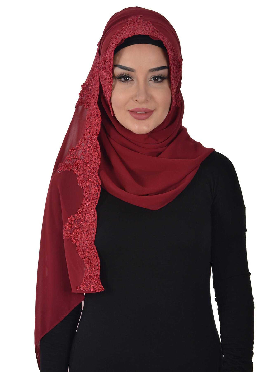 Elegant Chiffon Hijab with Front Lace Embroidery,PS-25 Maroon