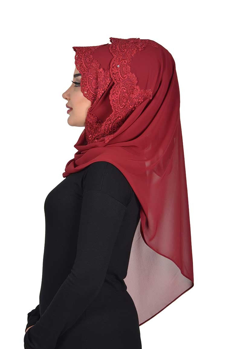 Elegant Chiffon Hijab with Front Lace Embroidery,PS-25 Maroon