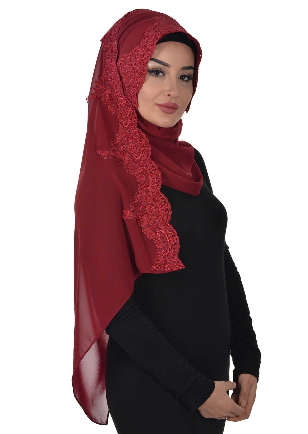Elegant Chiffon Hijab with Front Lace Embroidery,PS-25 Maroon