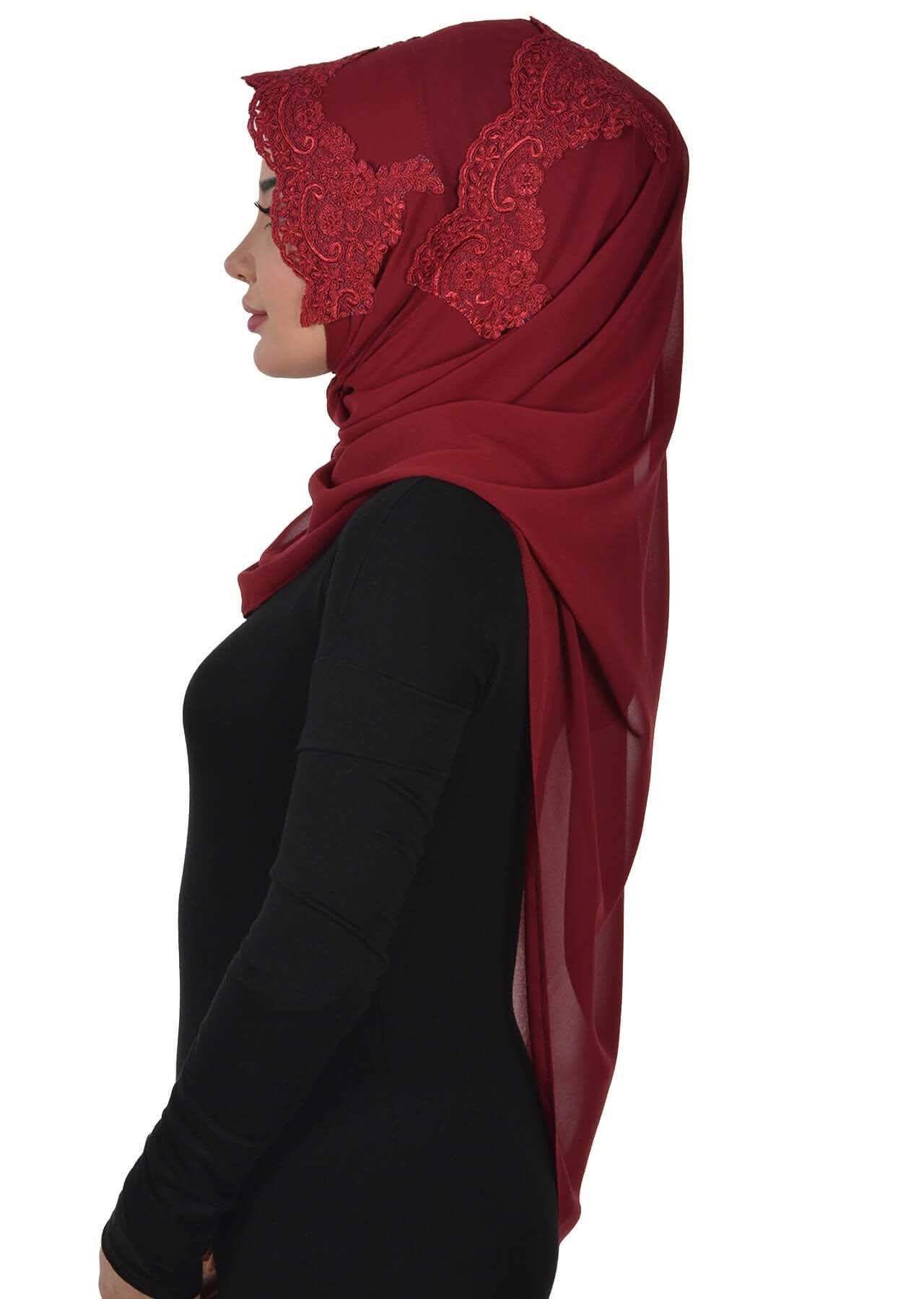 Elegant Chiffon Hijab with Front Lace Embroidery,PS-25 Maroon